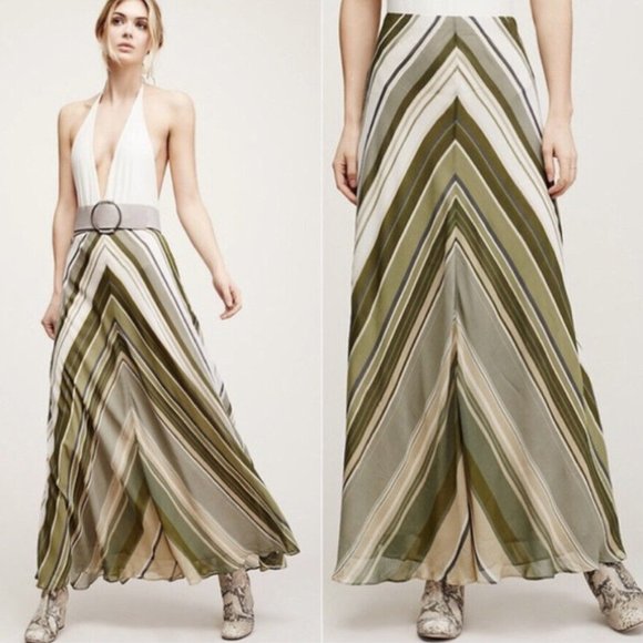 Free People | Women's Chevron Stripe Maxi Skirt Size 0 Green - Picture 3 of 14